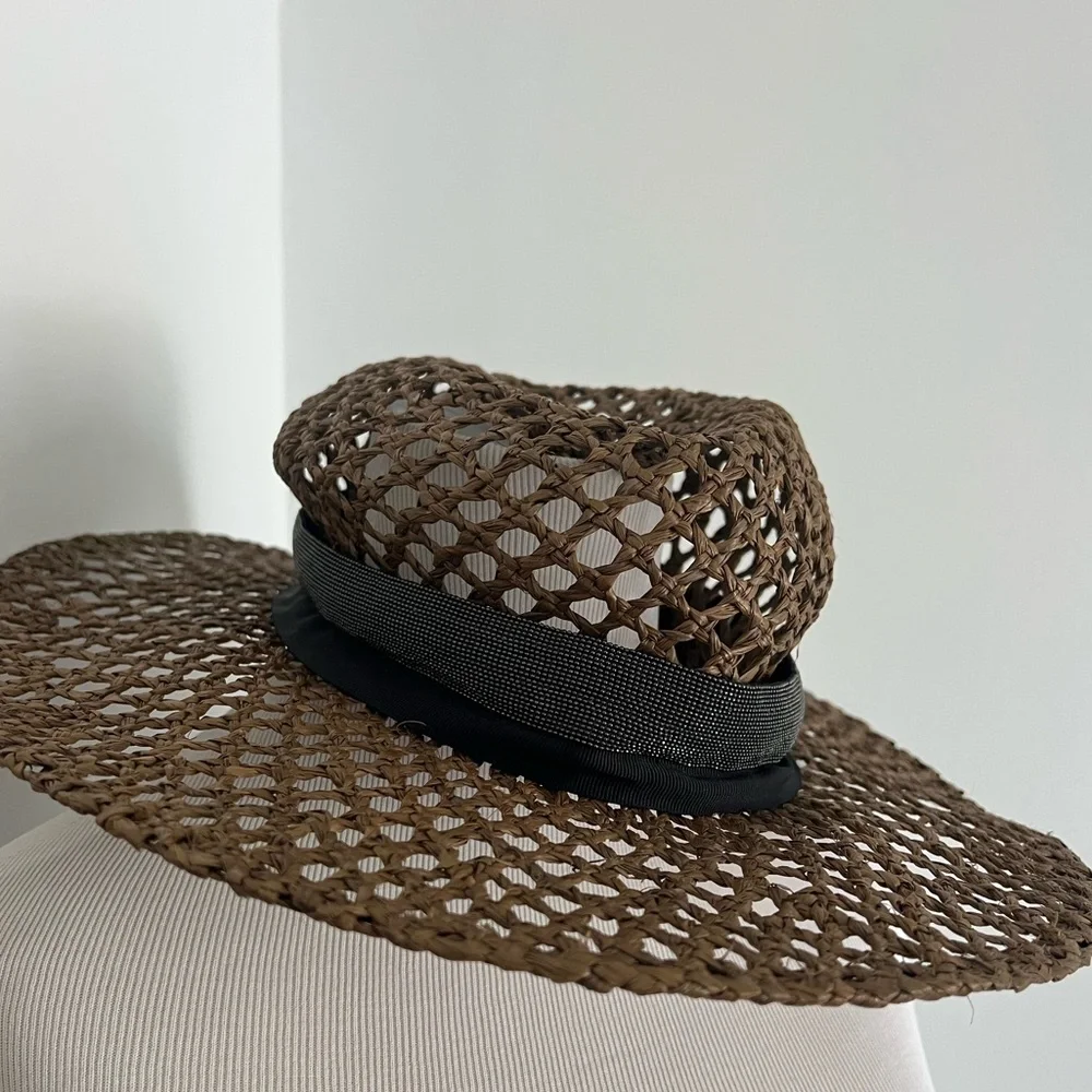 NWT Brunello Cucinelli Italy Size M Raffia women Hat Silver Monili Brown - Picture 9 of 13